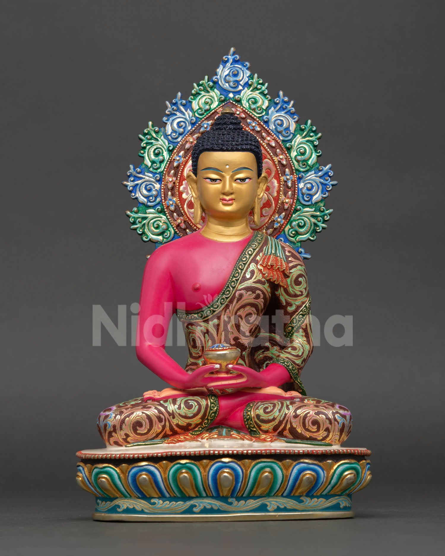 Front view Amitabha Buddha statue hand painted copper sculpture with gold painted face lotus pedestal and floral halo for Buddhist altar decor