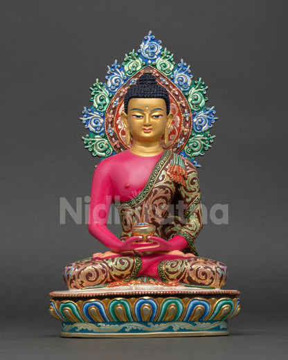 Front view Amitabha Buddha statue hand painted copper sculpture with gold painted face lotus pedestal and floral halo for Buddhist altar decor