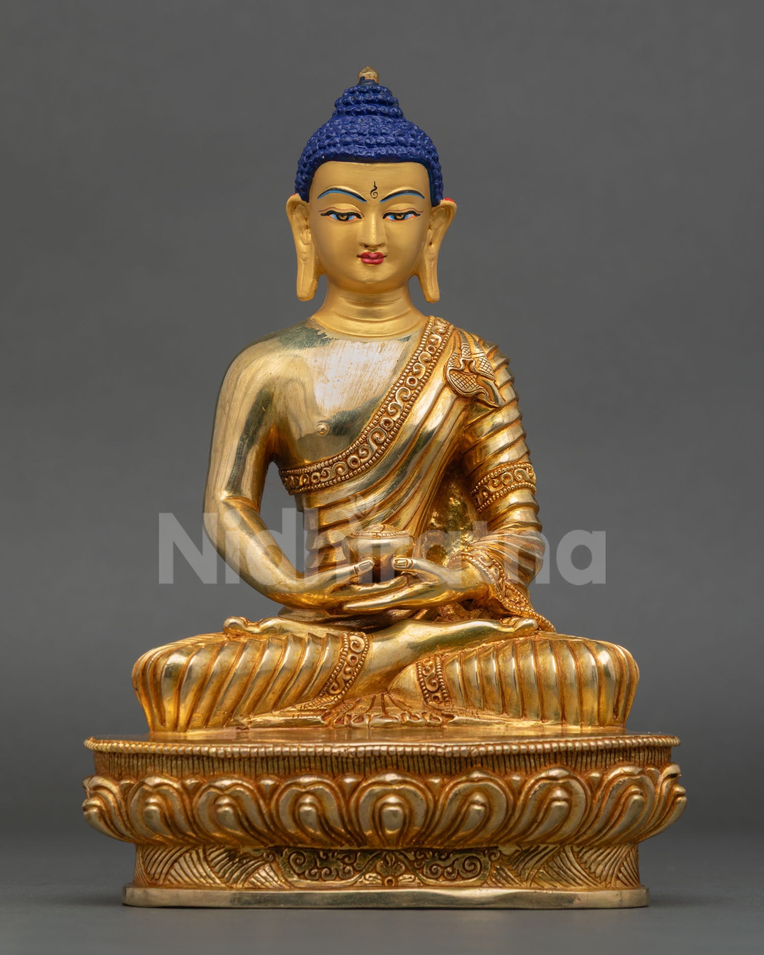 Front view of Amitabha Buddha statue, handcrafted by a Newari artisan from Patan, Nepal, copper lost wax cast, 24K gold finish gold-painted face
