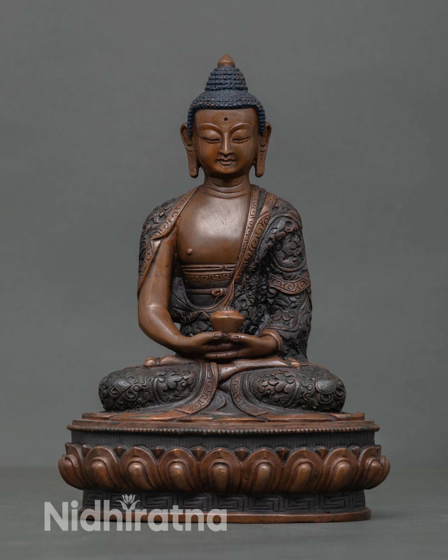 Front view of Amitabha Buddha statue handcrafted copper sculpture oxidized finish, lotus seat meditation Buddha