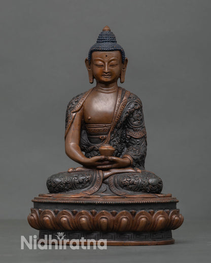 Front view of Amitabha Buddha statue handcrafted copper sculpture oxidized finish, lotus seat meditation Buddha