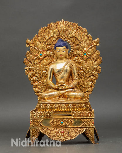 Front view Amitabha Buddha statue handcrafted in copper with gold gilding for meditation and altar decor.