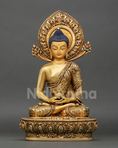 Front view of Amitabha Buddha statue, handcrafted in Nepal, copper 24K gold detailing gold painted face, lotus throne, Himalayan Buddhist sacred art