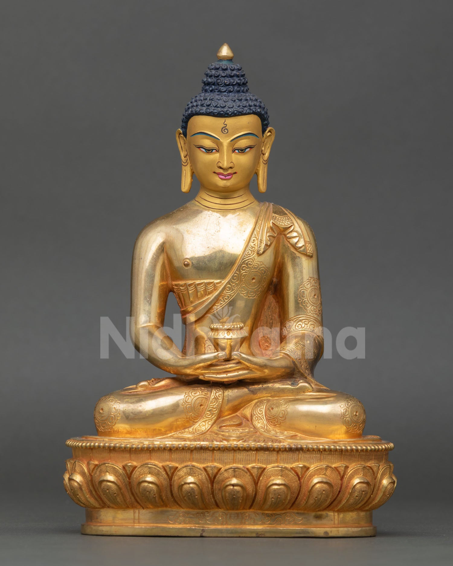 Front view of Amitabha Buddha statue handcrafted Nepal copper fire gilded gold finish gold painted face seated lotus pedestal