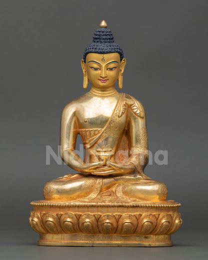 Front view of Amitabha Buddha statue handcrafted Nepal copper fire gilded gold finish gold painted face seated lotus pedestal