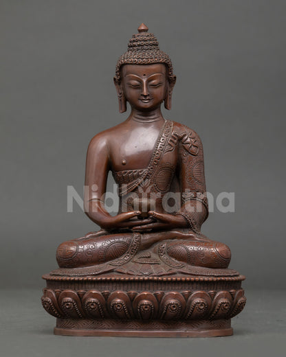 Front view Amitabha Buddha statue Nepal copper oxidized lotus meditation