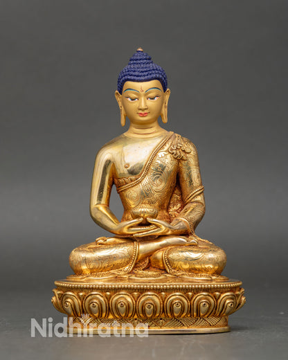 Front view Amitabha Buddha statue seated on lotus copper with gold gilding and hand-painted face