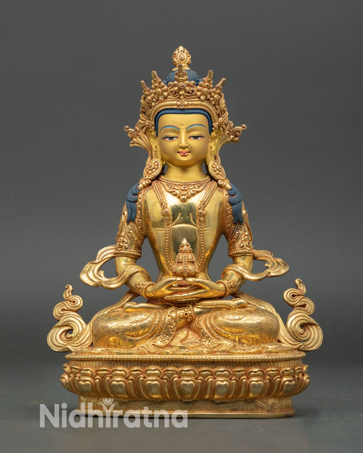 Front view of Amitayus Bodhisattva statue copper 24K gold gilded Nepal art