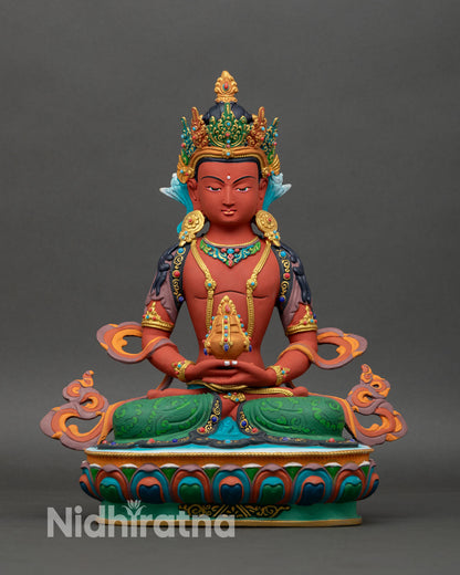 Front view of Amitayus Buddha statue handcrafted in Nepal with copper and lost-wax technique