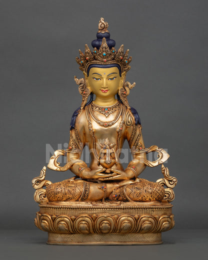 Front View of Amitayus Statue, 24K Gold Gilded Longevity Deity, Nepalese Buddhist Art