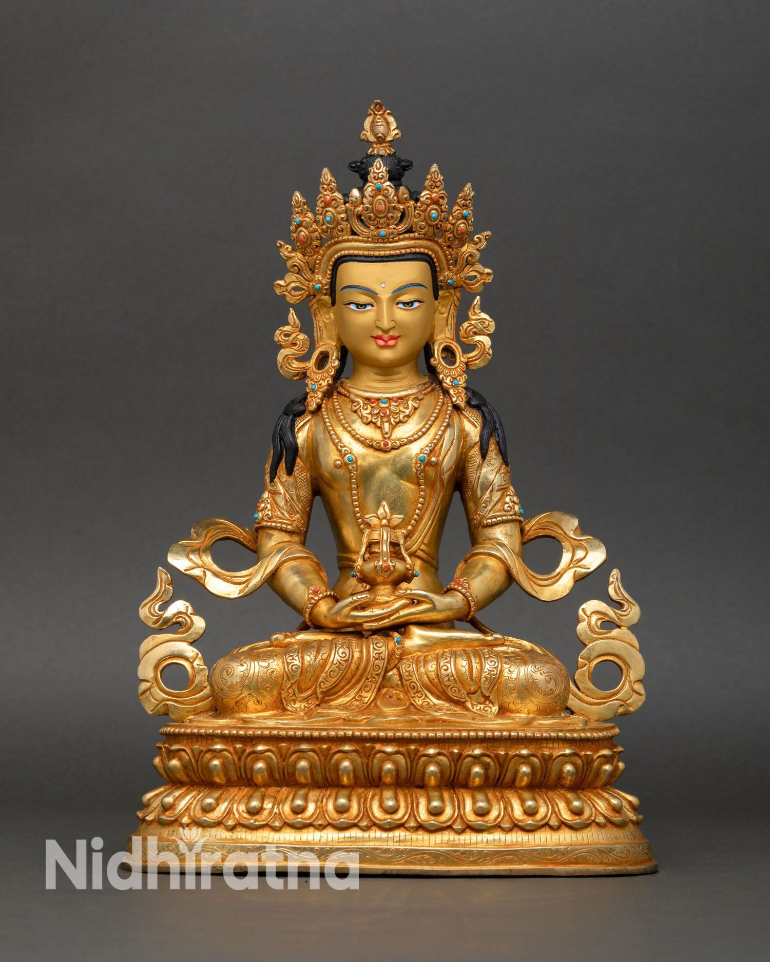 Front view of Amitayus statue Buddha of infinite life copper alloy gold fire gilded Vajrayana Buddhism Nepal