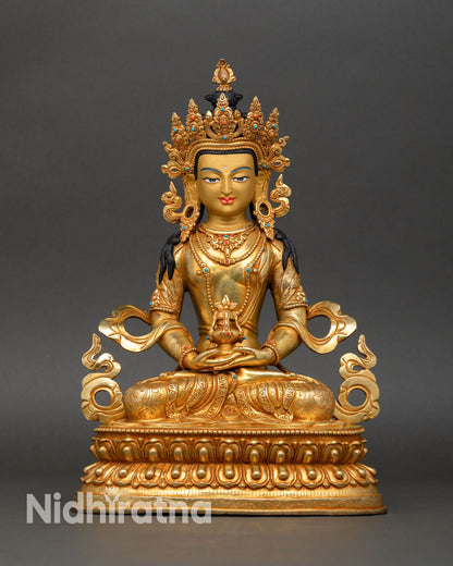 Front view of Amitayus statue Buddha of infinite life copper alloy gold fire gilded Vajrayana Buddhism Nepal