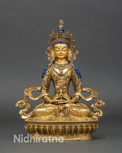 Front view of Amitayus statue, copper and 24K gold-gilded Buddha of Infinite Life