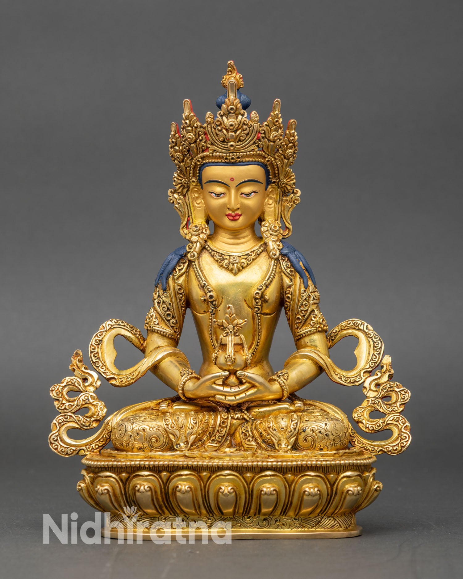 Front view of Amitayus statue copper 24K gold long life vase