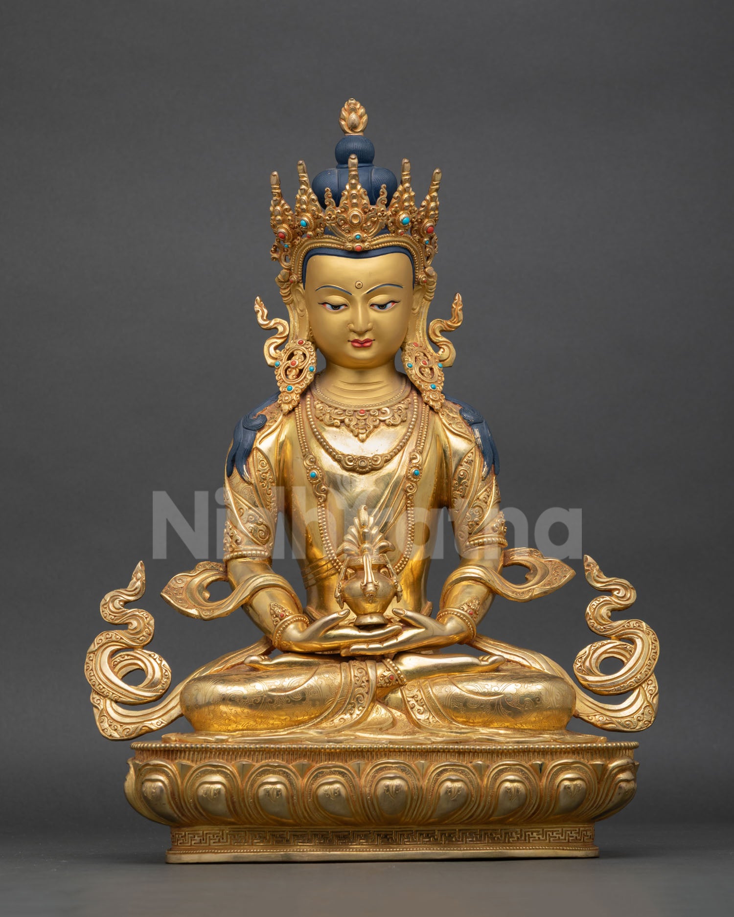 front view amitayus statue copper gold gilded long life buddha nepalese art sculpture