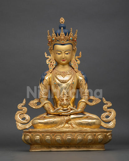 front view amitayus statue copper gold gilded long life buddha nepalese art sculpture