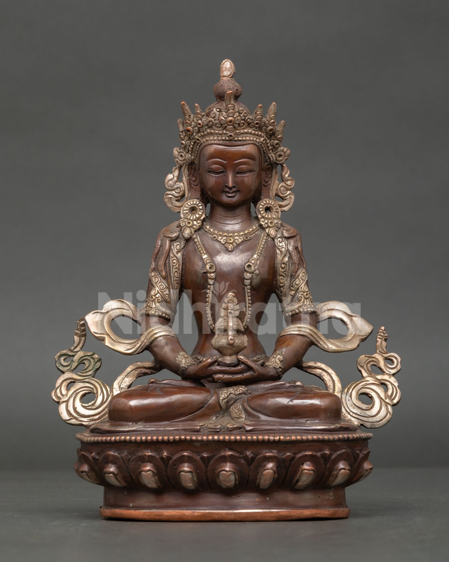 Front view Amitayus Statue copper lost wax casting with antique patina and silver details