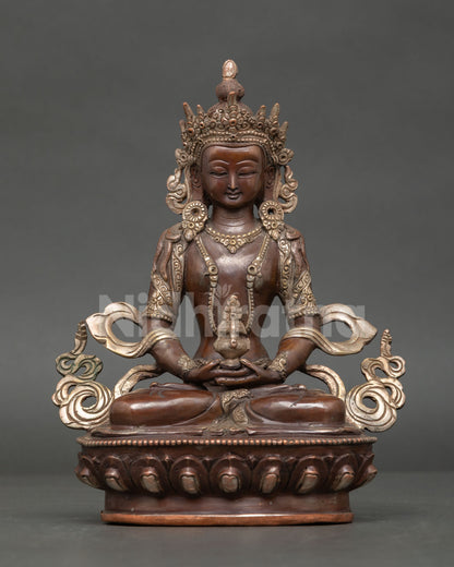 Front view Amitayus Statue copper lost wax casting with antique patina and silver details
