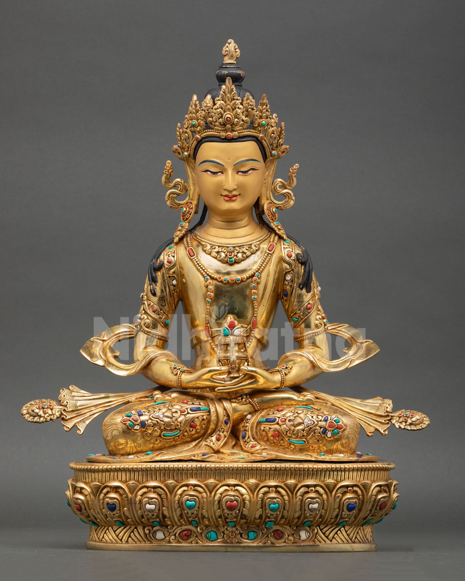 Front view of Amitayus Buddha statue copper sculpture 24K gold fire gilding Nepal, sacred Buddhist altar art