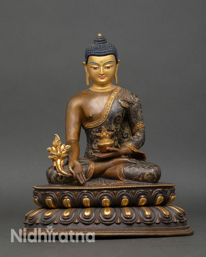 Front view of Bhaisajyaguru statue handcrafted copper gold painted face lotus throne