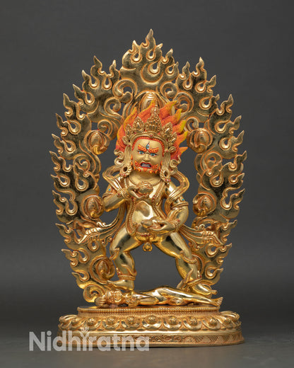Front view of Black Dzambhala statue, 24k gold Nepal wealth deity altar decor