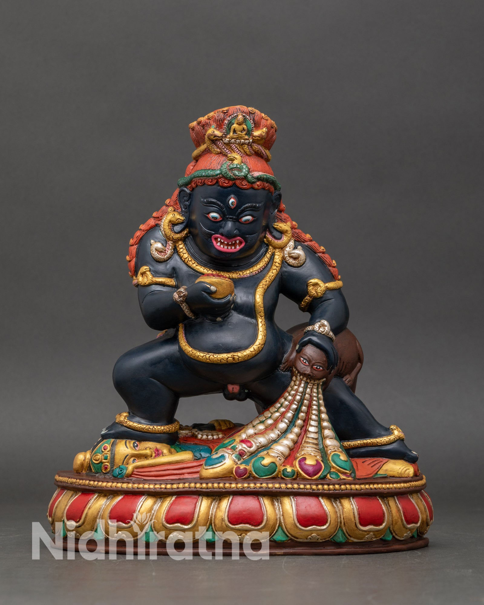 Front view Black Dzambhala statue copper hand painted acrylic Nepalese Buddhist art