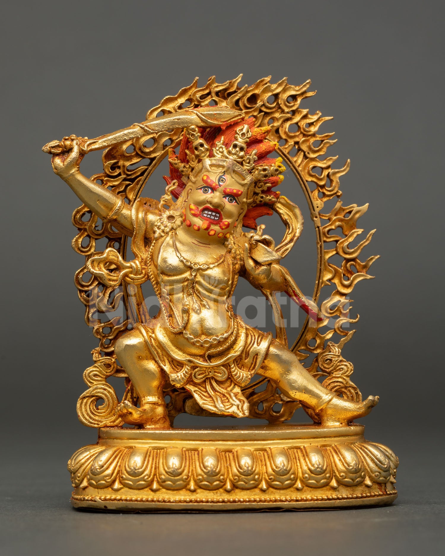 Front view of Black Manjushri statue copper body with gold gilding wrathful wisdom deity standing on lotus seat Nepal Newari craftsmanship