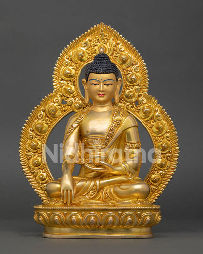 Front view of Buddha Shakyamuni statue with 24K gold fire gilded copper and lotus pedestal