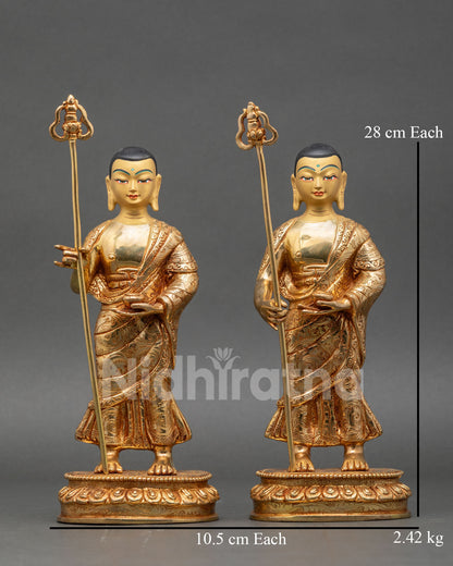 Front view of Buddha two disciples statue, Shariputra, Maudgalyayana gold copper Nepal set