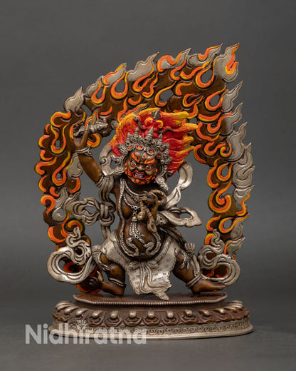 Front view of Chana Dorje statue, handmade oxidized copper sculpture, silver plated details, wrathful protector deity