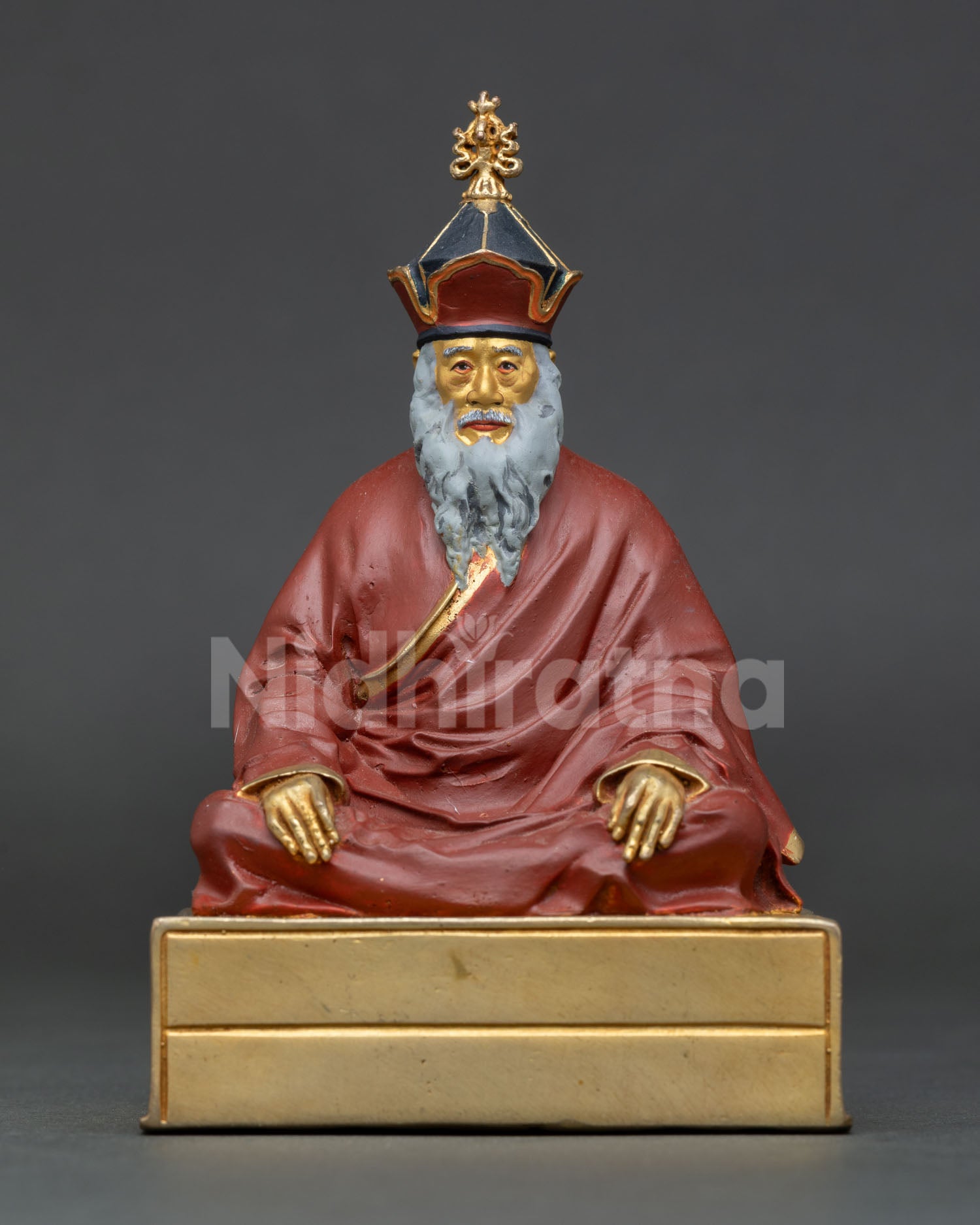 front view chatral sangye dorje rinpoche statue copper gold gilded throne nepal buddhist guru statue