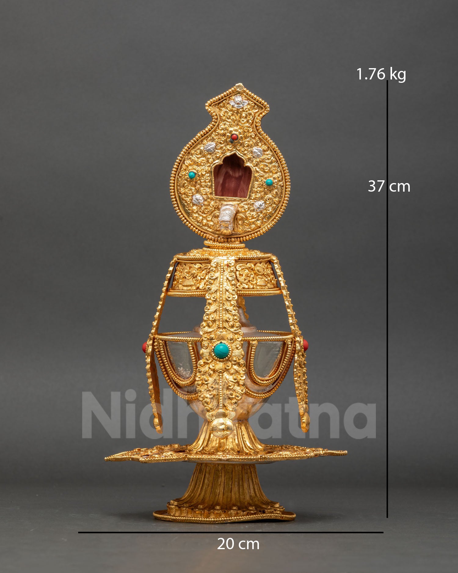 Front view Che Bumba statue gold and silver plated copper with coral and turquoise