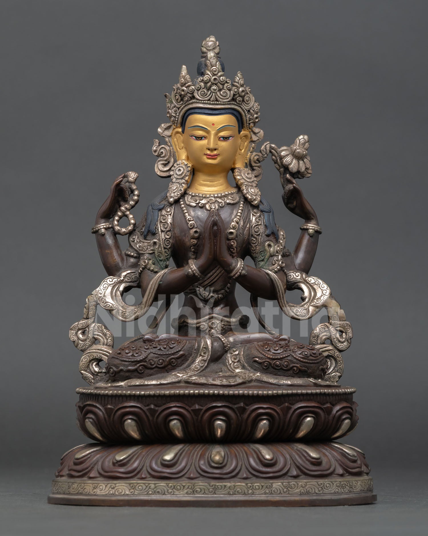 front view chenrezig bodhisattva statue copper oxidized silver plated lotus pedestal four armed compassion deity nepal