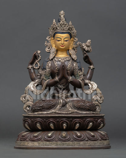 front view chenrezig bodhisattva statue copper oxidized silver plated lotus pedestal four armed compassion deity nepal