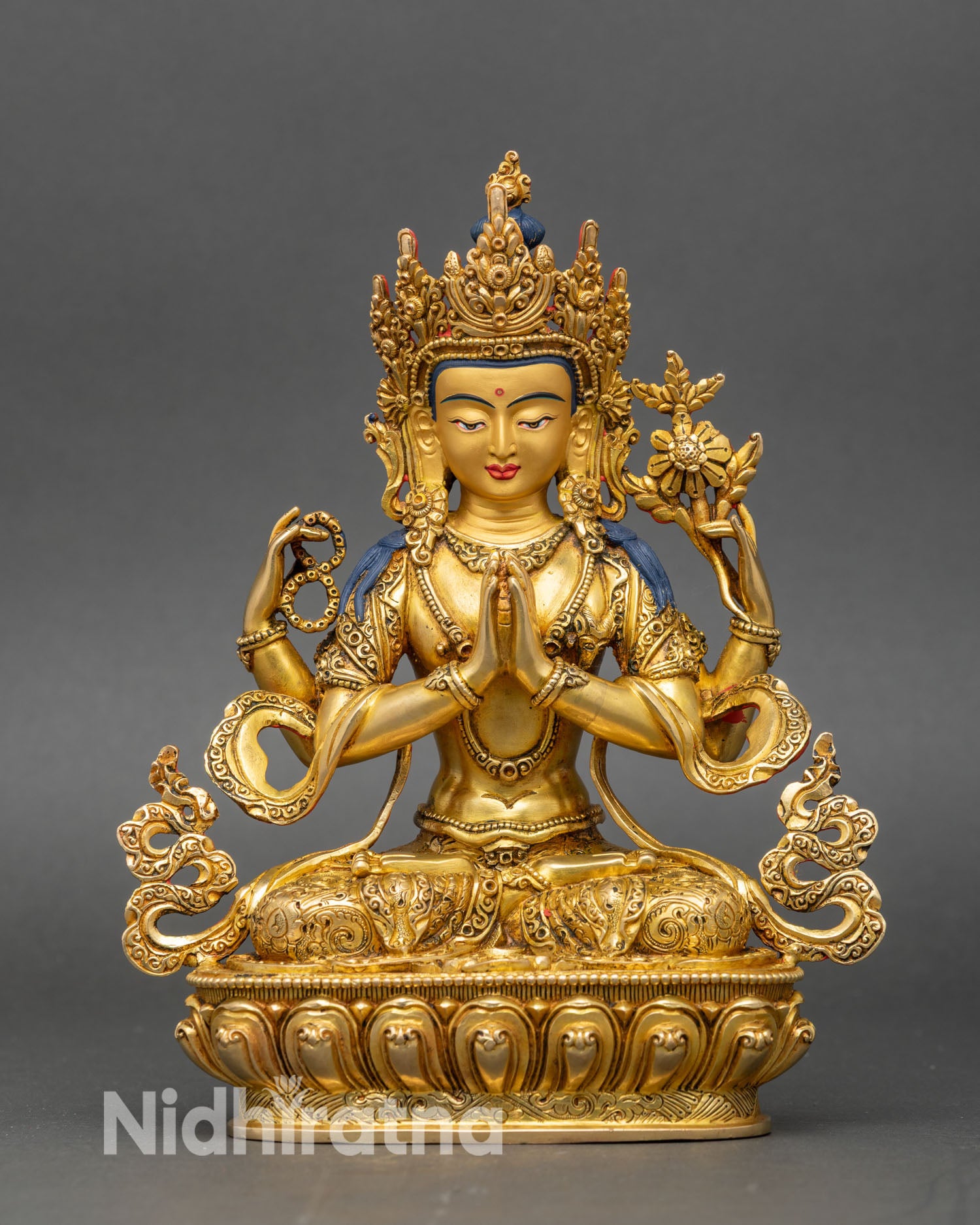 Front view Chenrezig four armed Avalokiteshvara copper gold lotus pedestal