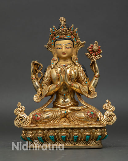 Front view of Chenrezig statue 24K gold gilded copper, handmade lost wax Buddhist sculpture