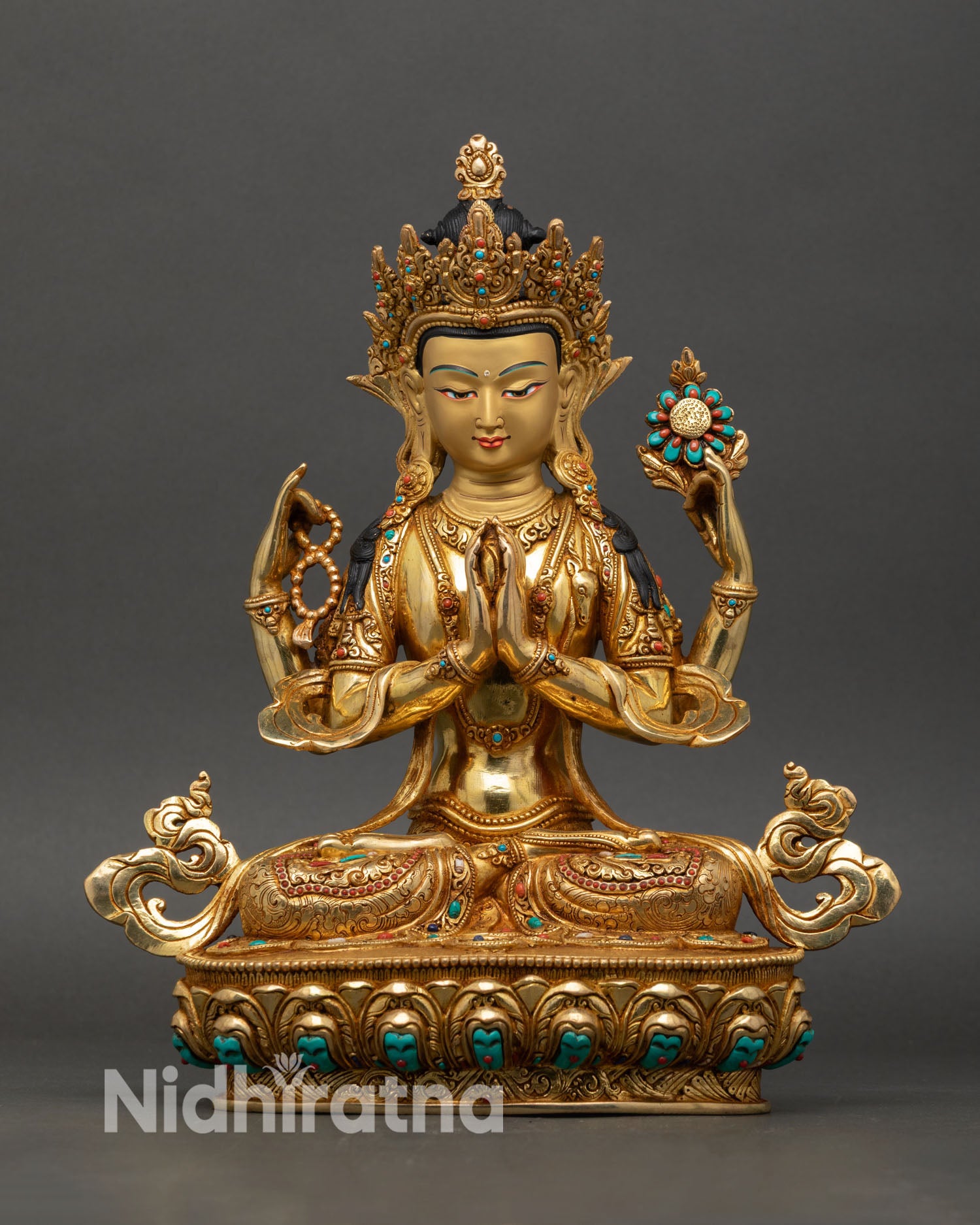 Front view of Chenrezig statue copper 24K gold gilded lotus pedestal spiritual decor