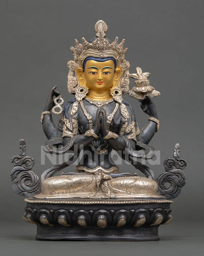 Front view of Chenrezig statue, featuring a gold-painted face seated on a lotus pedestal for a Buddhist altar and meditation decor.