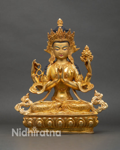 Front view Chenrezig statue four armed gold-gilded copper handcrafted Nepal