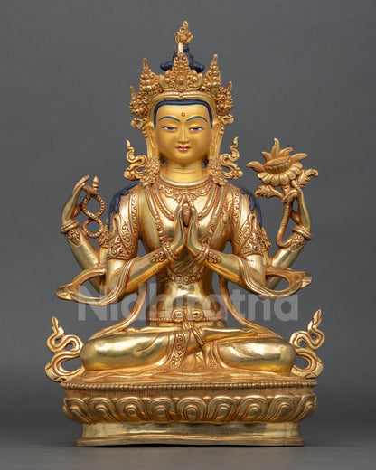 Front view of Chenrezig statue, handcrafted by Newari artisan from Patan, Nepal, 24K gold detail, gold painted face