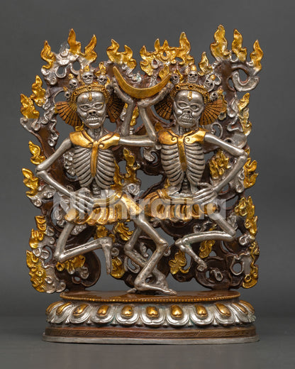 Front View of Citipati Statue, Dancing Skeleton Lords of Charnel Ground, Tibetan Buddhist Art Copper Sculpture