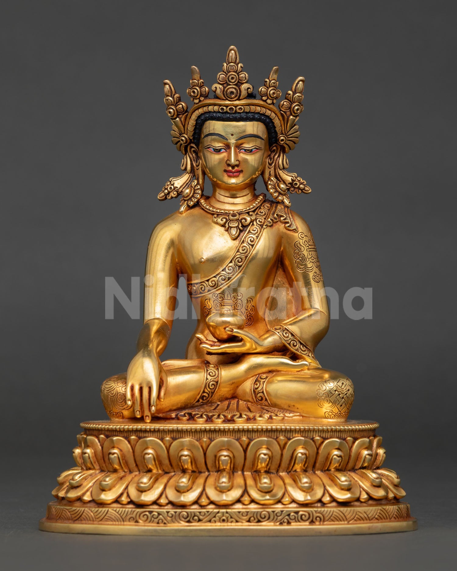 crown shakyamuni buddha statue copper fire gilded gold double lotus throne earth touch mudra