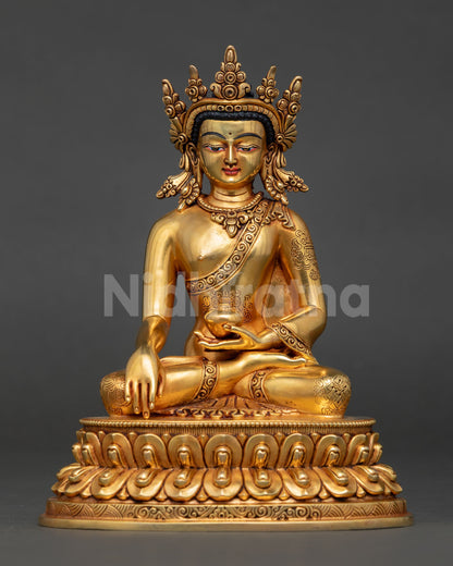 crown shakyamuni buddha statue copper fire gilded gold double lotus throne earth touch mudra