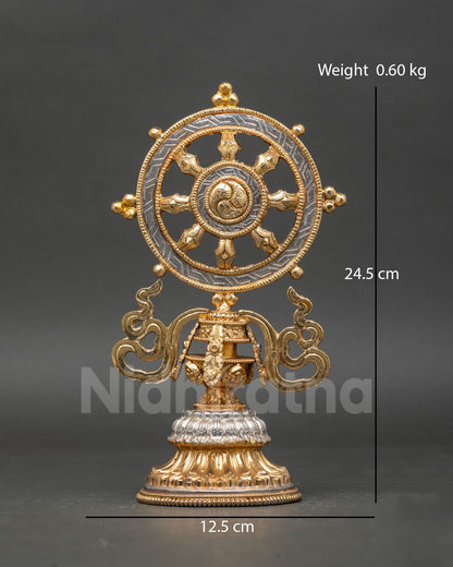 Front view Dharma Wheel gold and silver plated copper Buddha teachings