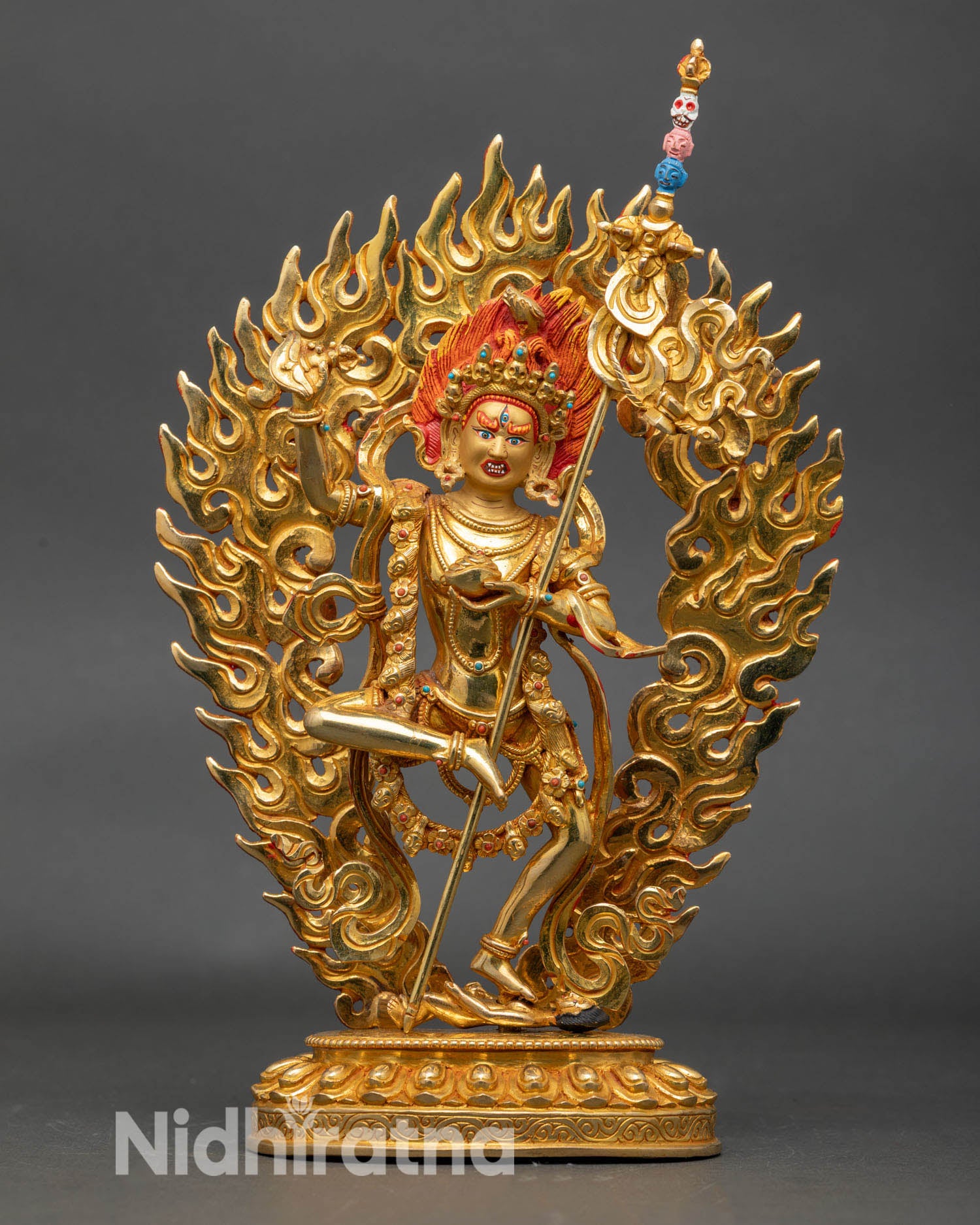 Front view of Dorje Phagmo statue, gold-gilded copper goddess, blessings, meditation altar