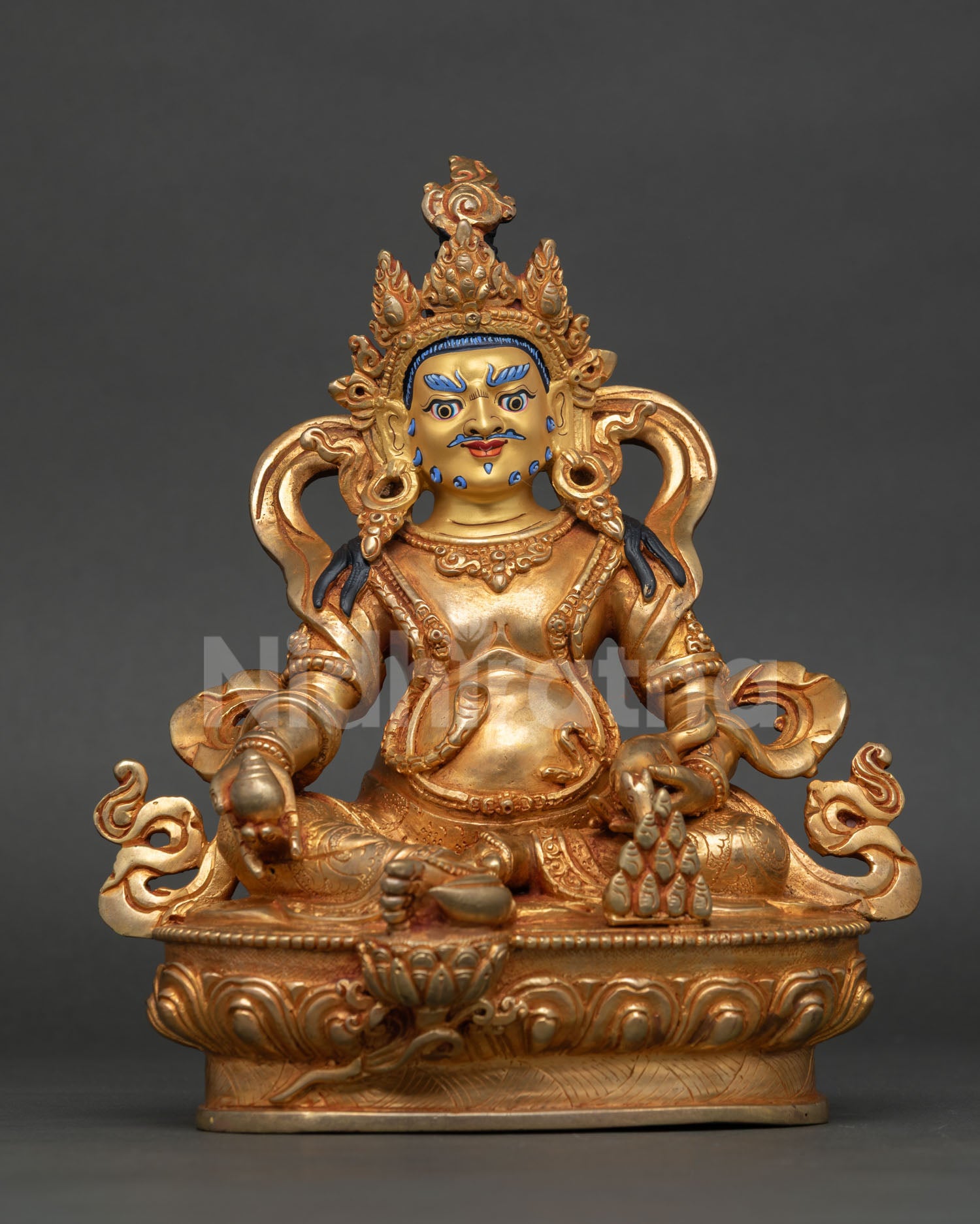 Front View of Dzambhala Statue, Copper, Gold Gilded Wealth Deity, Holding Mongoose and Citron Fruit