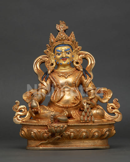 Front View of Dzambhala Statue, Copper, Gold Gilded Wealth Deity, Holding Mongoose and Citron Fruit