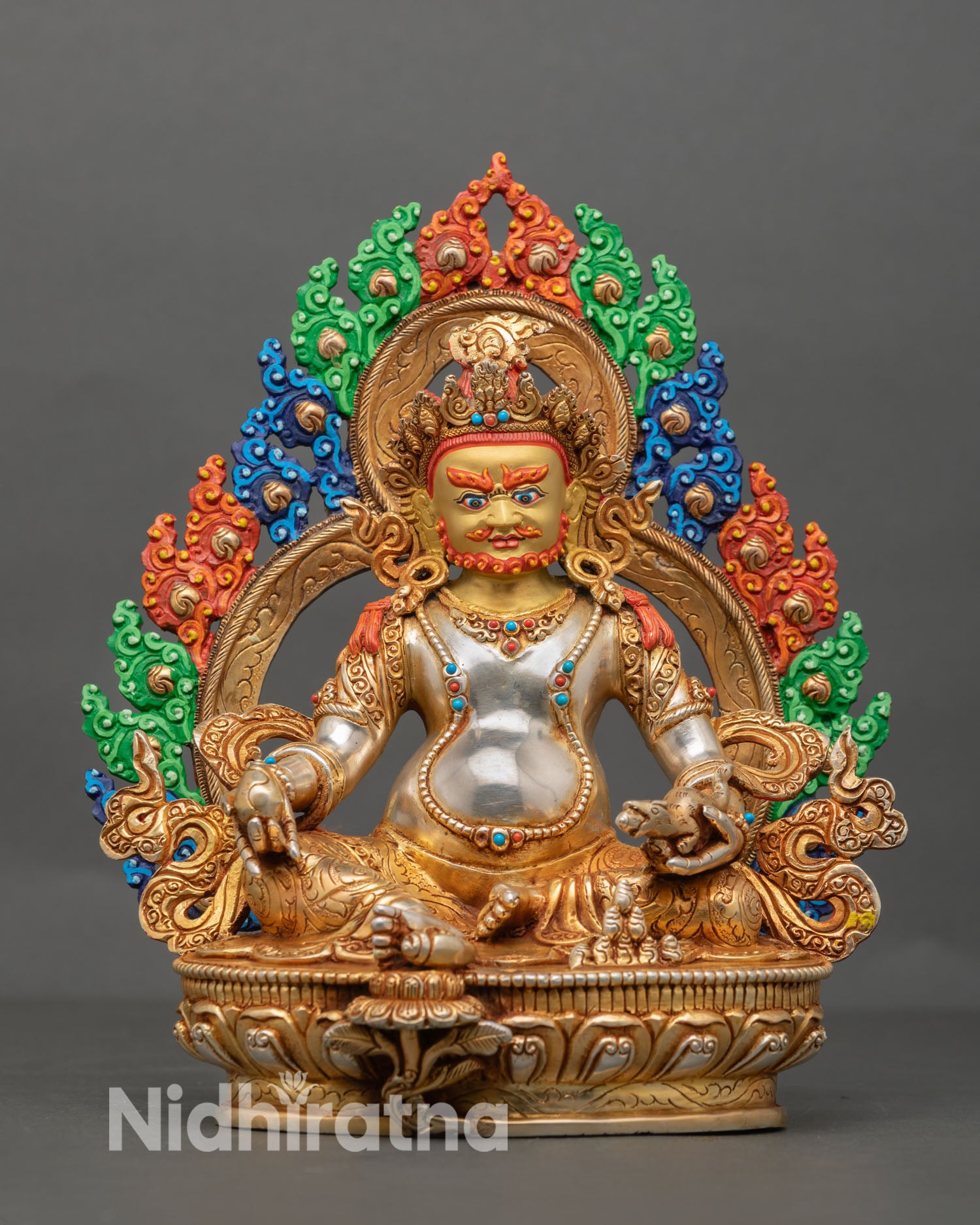 Front view of Dzambhala statue, gold-gilded copper wealth deity, handmade Nepal shrine decor 