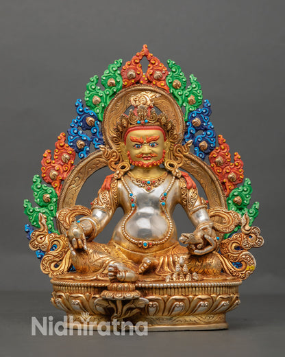 Front view of Dzambhala statue, gold-gilded copper wealth deity, handmade Nepal shrine decor 