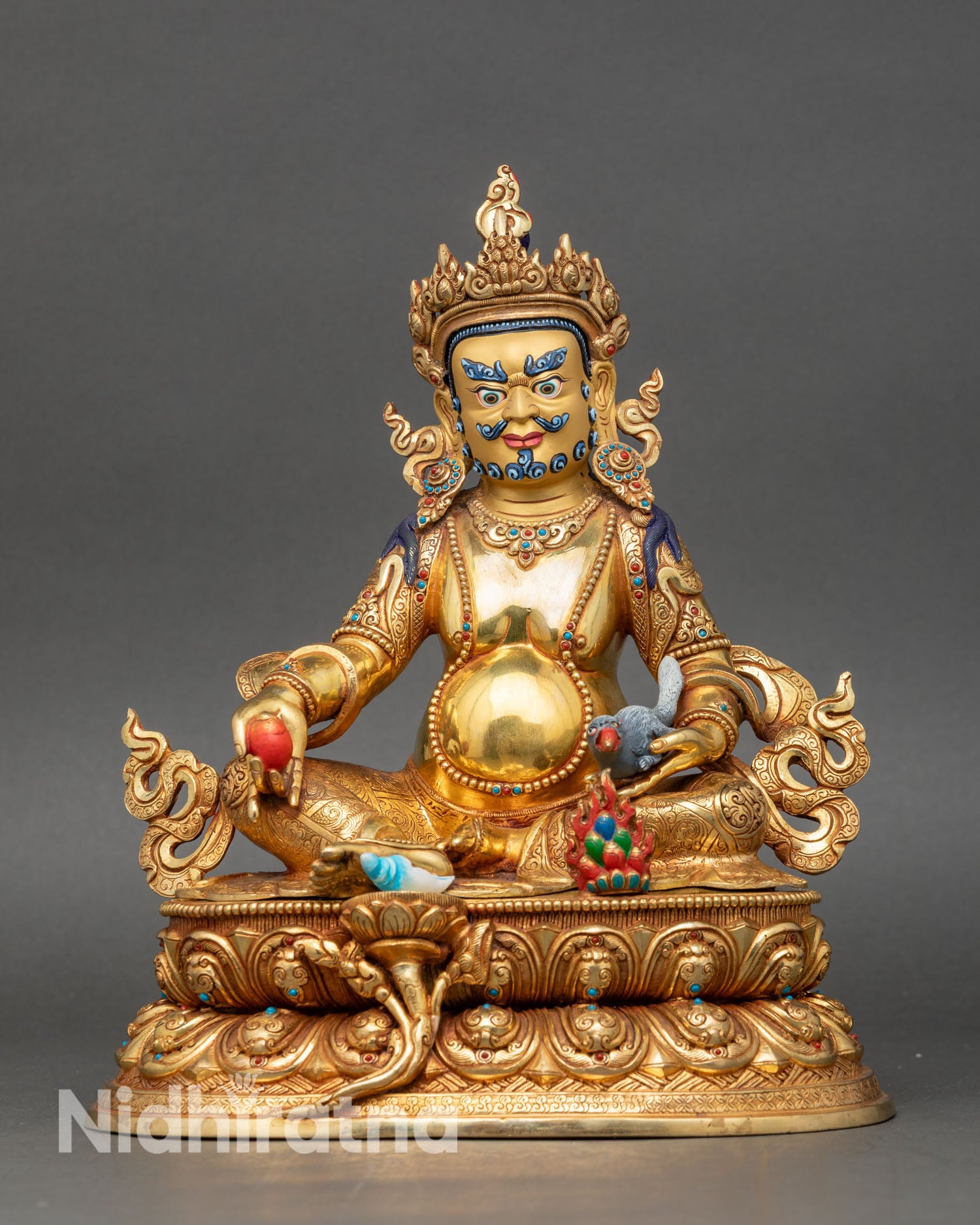 Front view Dzambhala statue gold gilded copper wealth deity with turquoise coral stones